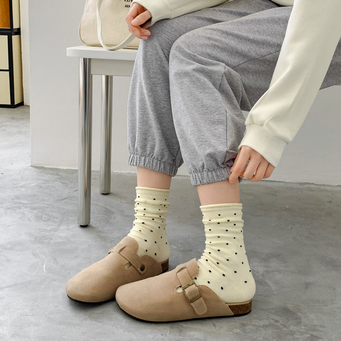 Wholesale Sweat absorbing and breathable socks with polka dot rolled edges, mid tube socks, stacked socks