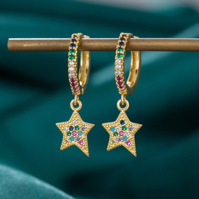 Wholesale gold and diamond five-pointed star earrings,  rainbow zircon star pendant earrings,  light luxury vacation style,  versatile earrings