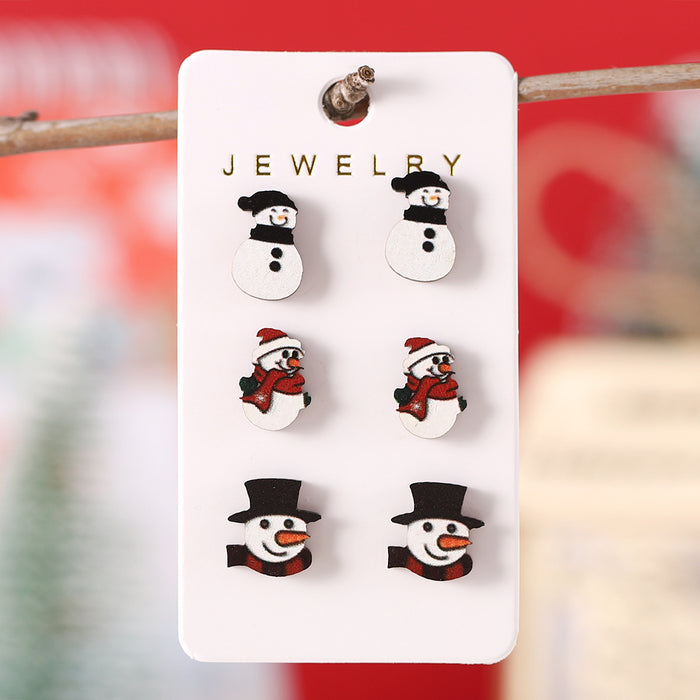 Wholesale Christmas Wooden Earring Set Snowman Santa Design Fashion Accessory