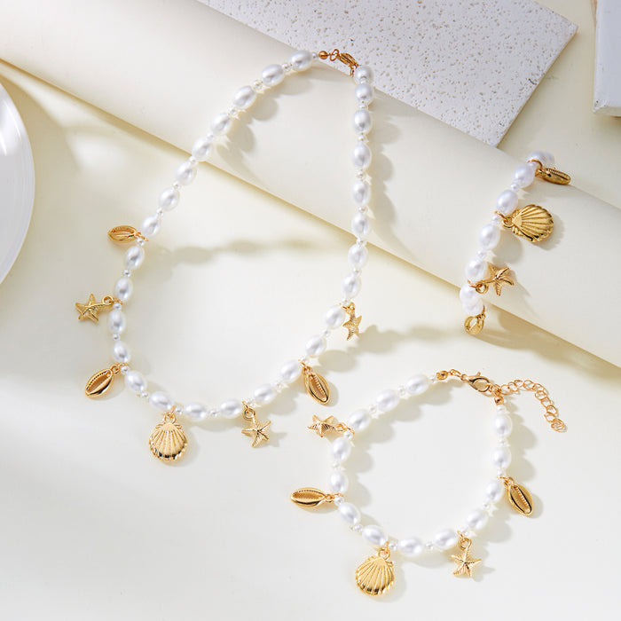 Wholesale Bohemian Starfish Shell Conch Pearl Necklace Bracelet and Anklet Set