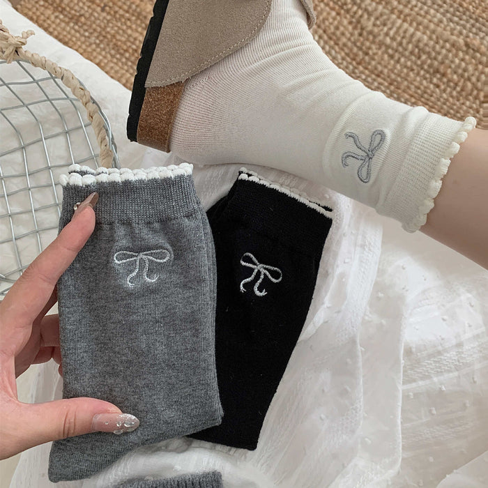 Wholesale Silver wire bow versatile embroidery mid tube socks pile socks