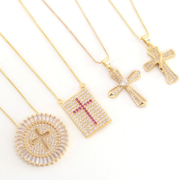 Wholesale Copper Gold Plated Micro-Inlaid Zirconia Cross Necklace JDC-NE-BaiTian009