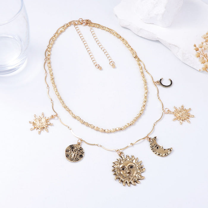 Wholesale Alloy Sun Moon Pendant Double Layer Overlapping Chain Women's Necklace