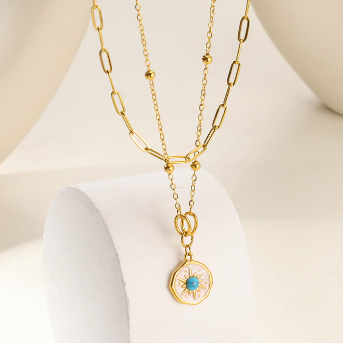 Wholesale Double Layer Gold Stainless Steel Simple Turquoise  Necklace