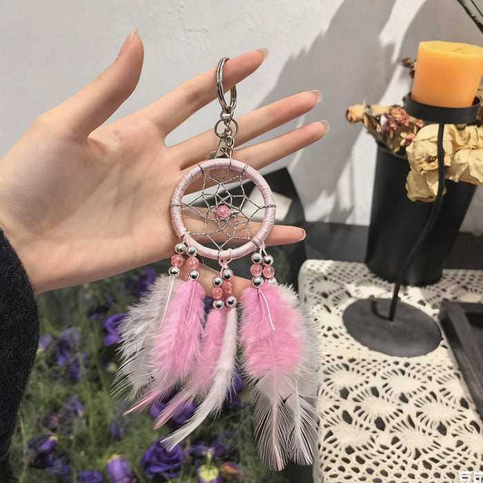 Wholesale Handmade Red Feather Dreamcatcher Keychain Nordic Style Couple Gift