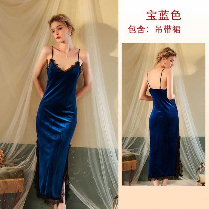 Wholesale Deep V Velvet Lace Long Nightdress JDC-PJ-FeiY001