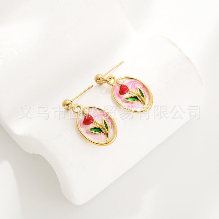 Wholesale Oil Painting Flower Pendant Earrings Necklace Set Versatile Stainless Steel Oil Dripping Double Layer Clavicle Chain