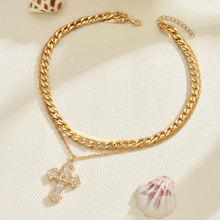 Wholesale Multi layered diamond studded cross necklace with creative simplicity and trendy gold alloy necklace accessories