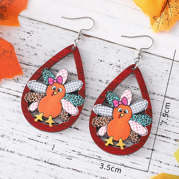 Wholesale Harvest Thanksgiving Cute Turkey Water Drop Hollow Pendant Earrings Wooden Double-Sided Earrings
