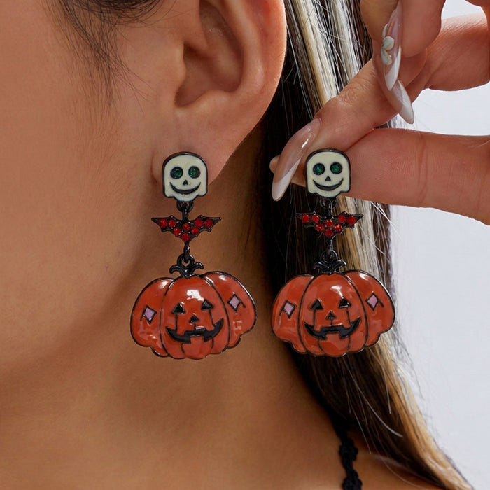 Wholesale Dark Drip Oil Rhinestone Earrings Skull Pumpkin Bat Design Alloy Party Wear