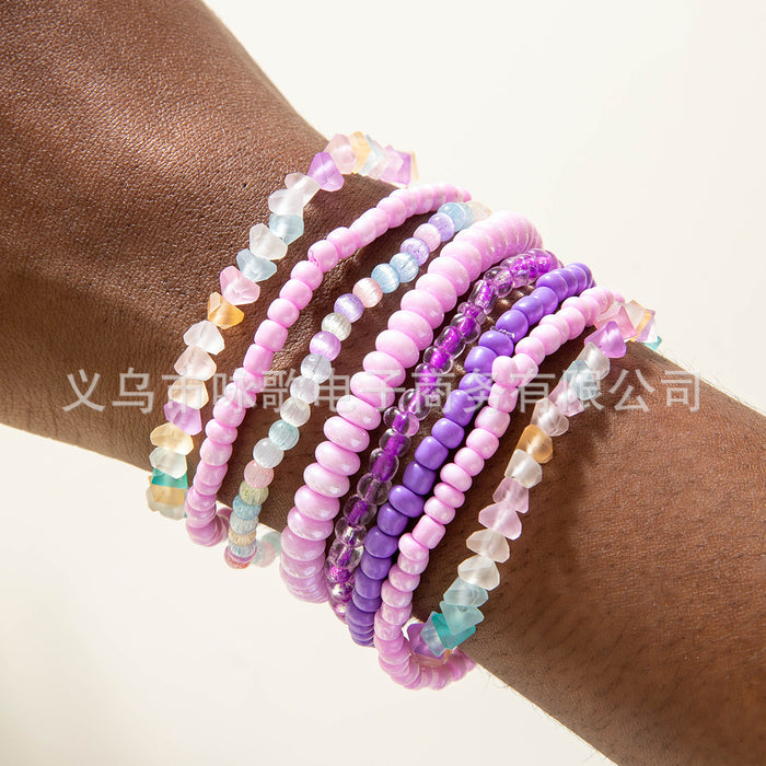 Wholesale Bohemian rice beaded multi-layer stacking elastic bracelet niche contrast color women' s bracelet set