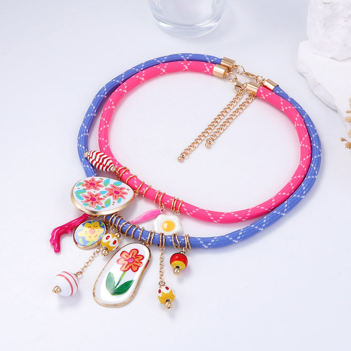 Wholesale Plumeria Flower Coral Pendant Geometric Double-Layer Necklace for Women