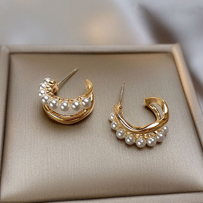 Wholesale Irregular double-layer pearl earrings with feminine temperament, plain face earrings, silver needles