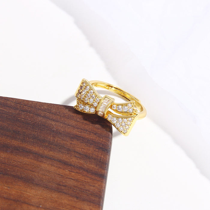 Wholesale Copper Gold Plated Bowknot Inlaid Zircon Adjustable Ring JDC-RS-BaiTian003