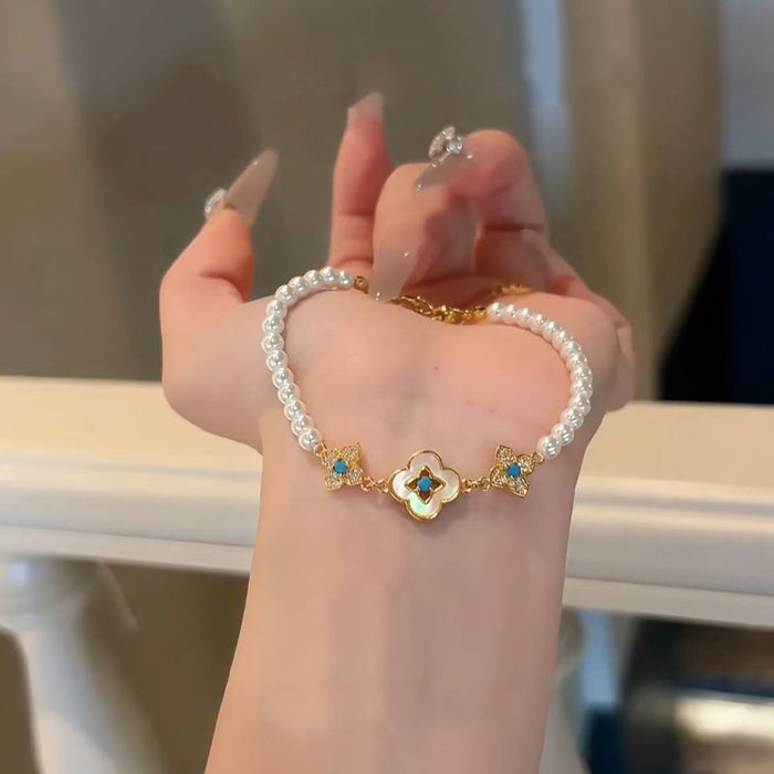 Wholesale Antique Imitation Turquoise Beaded Bracelet Stacked Metal Flower Bracelet Versatile Temperament Fashion Jewelry for Women