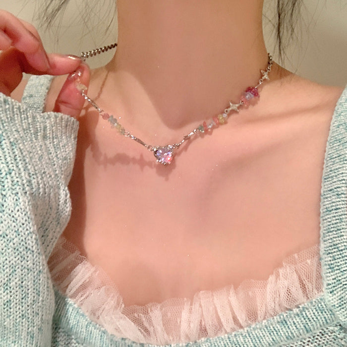 Wholesale Colorful crushed stone heart necklace, light luxury niche collarbone chain accessory