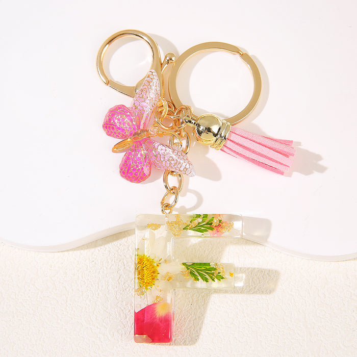 Wholesale Glue Dried Flower English 26 Letter Keychain Daisy Petal Letter Keychain  Pendant