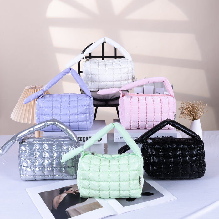 Wholesale Quilted Down Makeup Bag Small Pink Handbag Style Travel Cosmetic Pouch With Ins Style Multi Purpose Organizer
