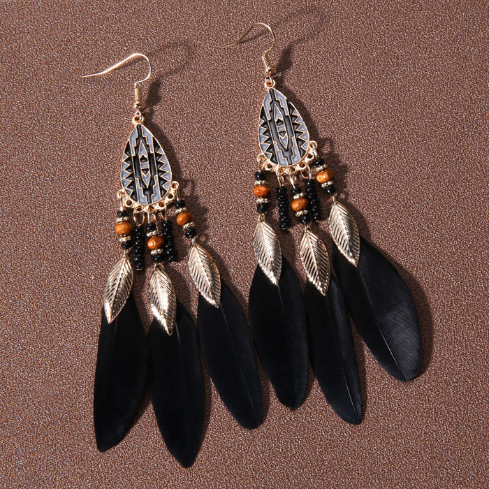 Wholesale Alloy Bohemian Water Droplet Tassel Feather Earrings JDC-ES-Gumi012