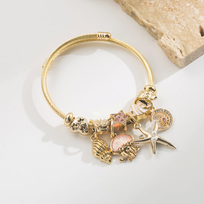 Wholesale Women S Stainless Steel Starfish Moon Pearl Charm Bracelet Pink Rhinestone Ocean Design Everyday Boutique Resale Jewelry Accessory