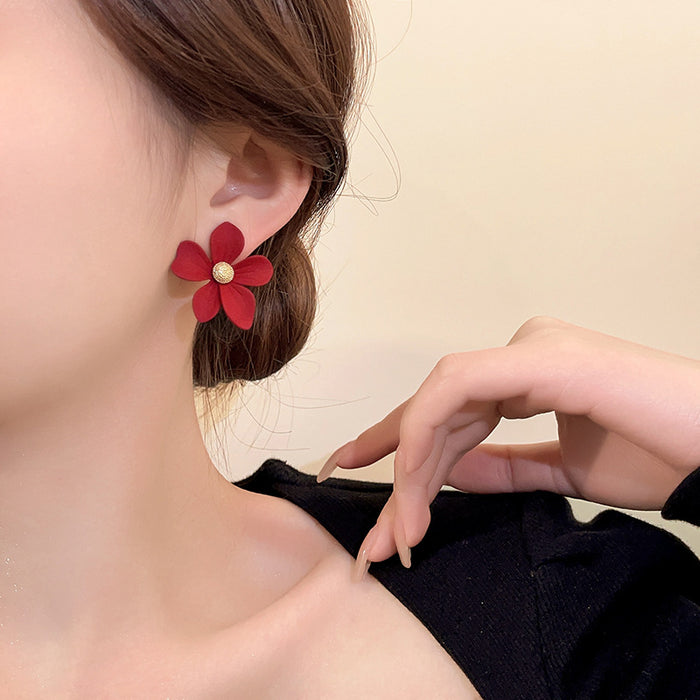 Wholesale Autumn and Winter high-grade design red flower earrings light luxury simple temperament asymmetric tassel earrings