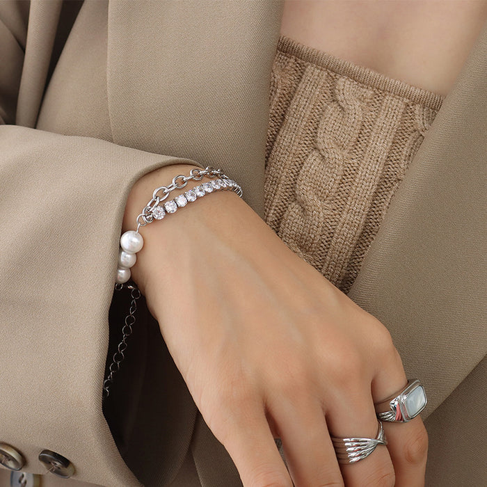 Wholesale Cold style light luxury fashion trend imitation pearl zircon bracelet titanium steel
