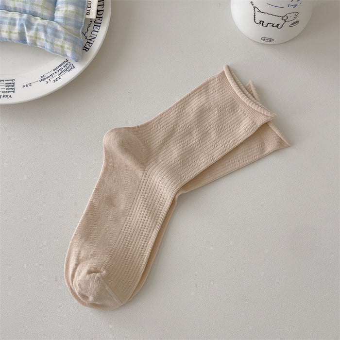 Wholesale Boneless solid color rolled edge vertical strip thin breathable cotton elastic mouth middle tube stacking socks