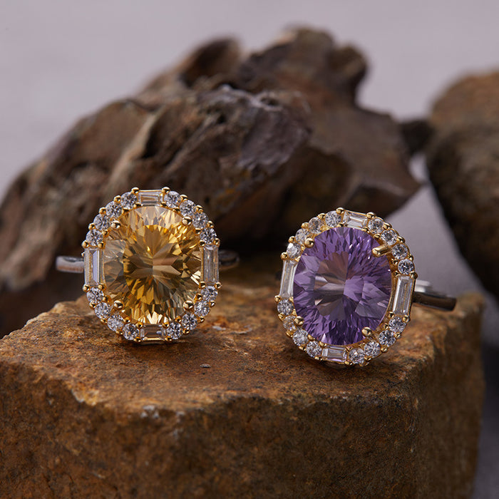 Wholesale Pure silver natural yellow amethyst color treasure ring, high-end jewelry, niche large carat index finger ring