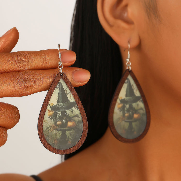 Wholesale Wooden Round Drop Earrings Castle Pumpkin Ghost Wizard Halloween Earrings