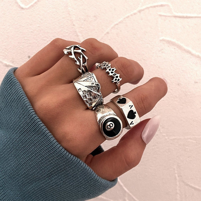 Wholesale Dark Retro Creative Spades a Card Ring Five-Piece Set Women' s Personalized Hand Accessories National Show Aliexpress Hot Selling