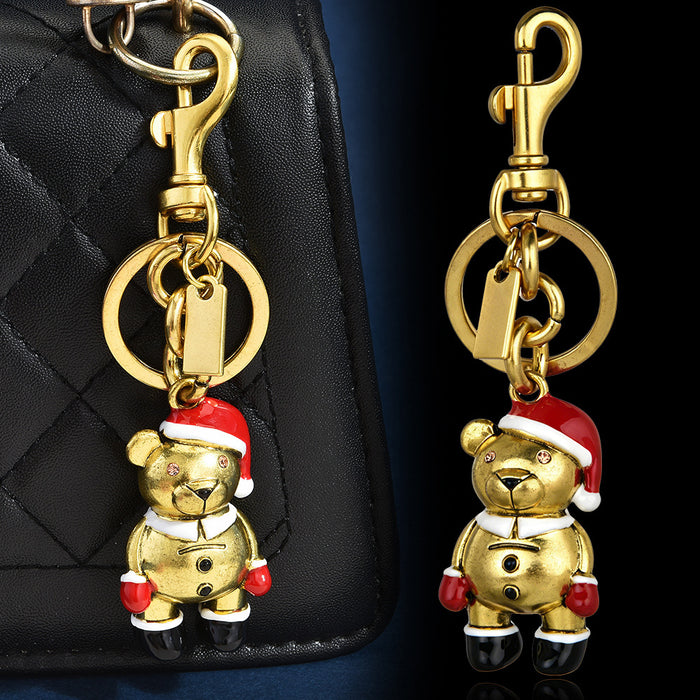 Wholesale Metal Bear Bag Charm With Christmas Hat 3D Cartoon Animal Keychain Pendant Holiday Gift And Decorative Accessory