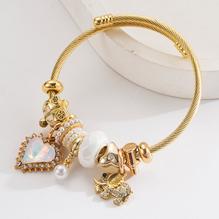 Wholesale Trendy Elephant Heart Pendant Bracelet Pink Alloy Diamond Set Adjustable Jewelry Accessory