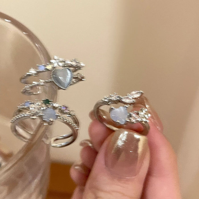Wholesale Aquamarine Heart Moonstone Zircon Open Ring Set 3 Pieces