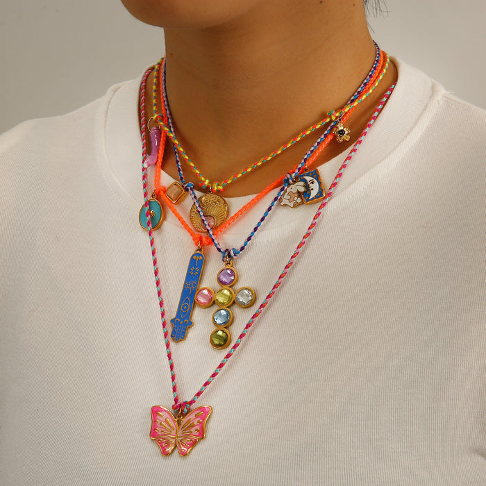 Wholesale Handmade New Original Design Colorful Cotton Rope Necklace with Stainless Steel Drip Oil Pendant Butterfly Fashion Pendant