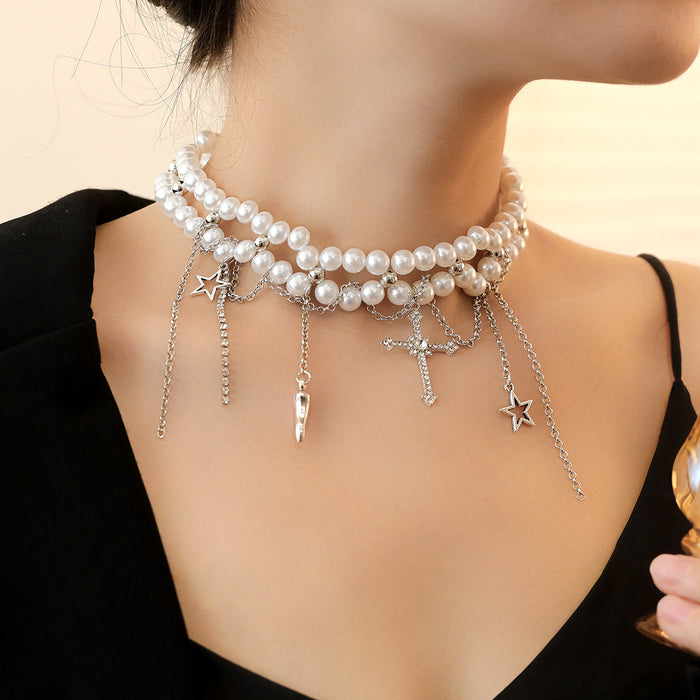 Wholesale  Imitation Pearl Star Tassel Necklace Advanced Sense Cross Necklace Chain