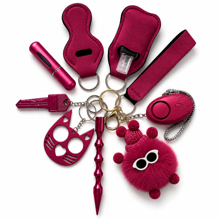 Wholesale Ladies Safety Keychain Set With Neoprene Storage Pouch 10 Piece Red Trendy Car Key Accessory