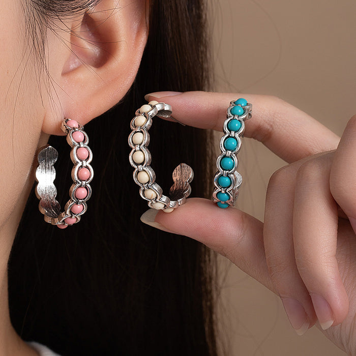 Wholesale Retro Western Style Turquoise Large Circle C-Shaped Earrings Bohemian Style Earrings High-End Niche Design Earrings