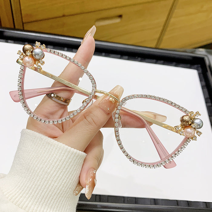 Wholesale Flat lens anti blue light large frame inlaid with diamonds and pearls, elegant and fashionable high-end frame glasses
