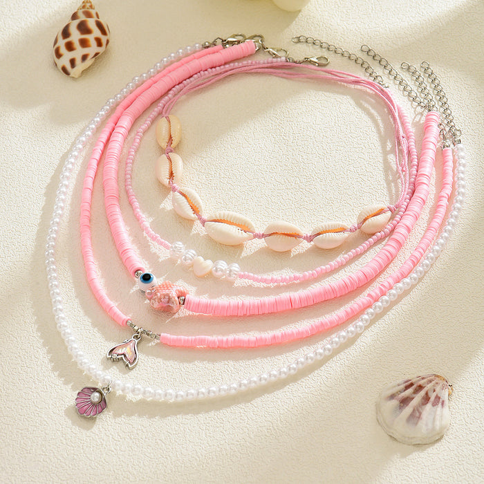 Wholesale Shell Necklace Pink Beads Starfish Pearl Multi-Layered Necklace for Women