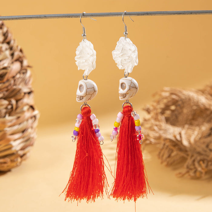 Wholesale  funny fun skull tassel rice beads earrings creative personality rose earrings