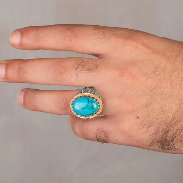 Wholesale Men' s Two-Tone Alloy Ring with Faux Turquoise Inlay