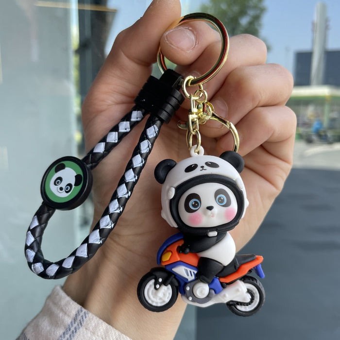 Wholesale Cartoon Motorcycle Panda Keychain 3D Doll Car Keychain Bag Pendant Hanging Decoration Baby Grabbing Machine Small Gift