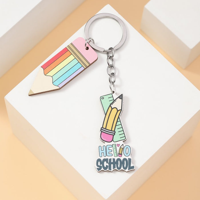 Wholesale Letter Teacher's Day Ruler Pencil Wooden Sign Keychain JDC-KC-RongRui038