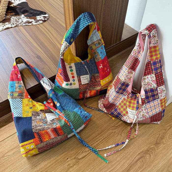 Wholesale Retro double-sided patchwork pericardial shoulder bag, large capacity shopping bag