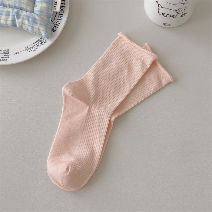 Wholesale Boneless solid color rolled edge vertical strip thin breathable cotton elastic mouth middle tube stacking socks