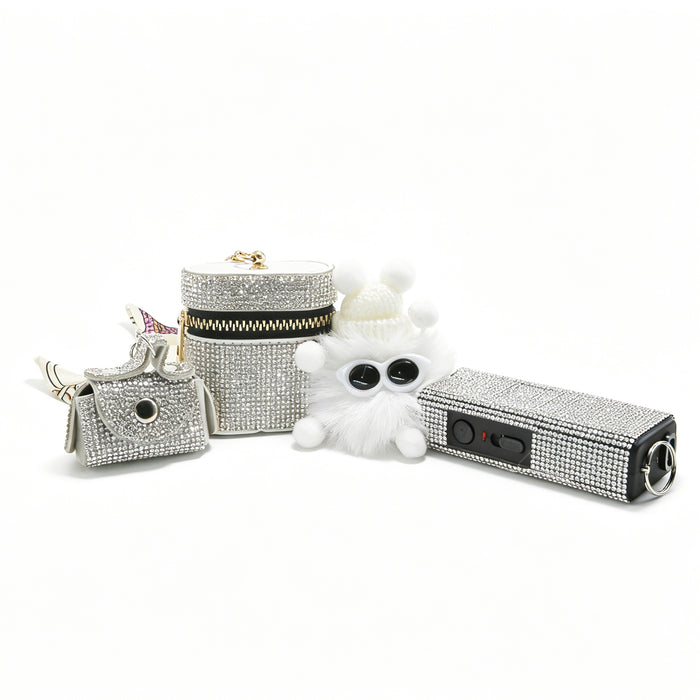 Wholesale European Style 4 Piece Rhinestone Keychain Set With Plush Pendant Coin Purse Earbud Bag White Decorative Charms For Everyday Resale