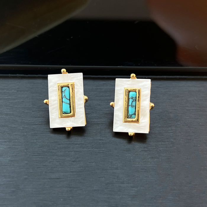 Wholesale Plated Copper French Geometric Square Turquoise Earrings Vintage Style Fashion Jewelry Accessory Gift