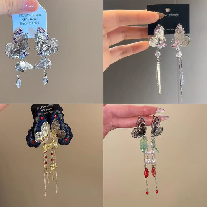 Wholesale Sparkling diamond dynamic hollow butterfly tassel earrings, light luxury temperament, high-end feeling, niche earrings, exaggerated earrings