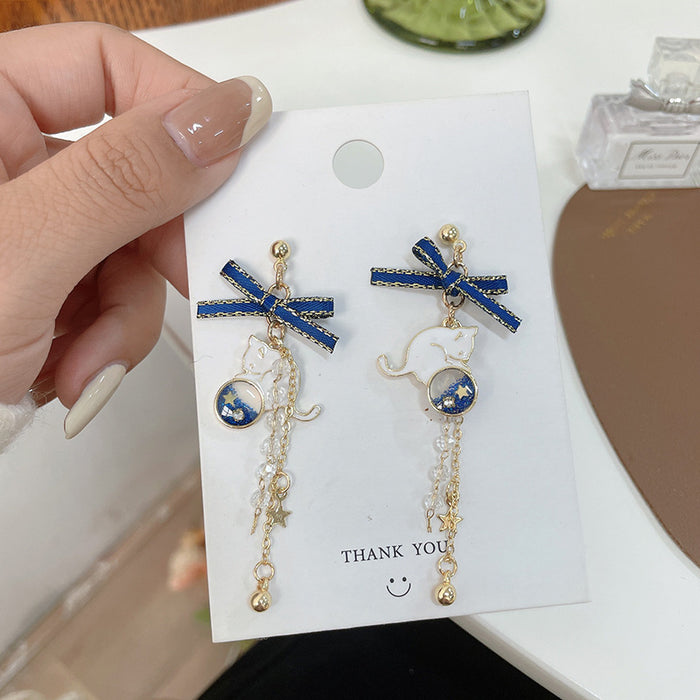 Wholesale   Cartoon Niche Design All-match Bow Tassel Cat S925 Silver Needle Earrings for Women G180