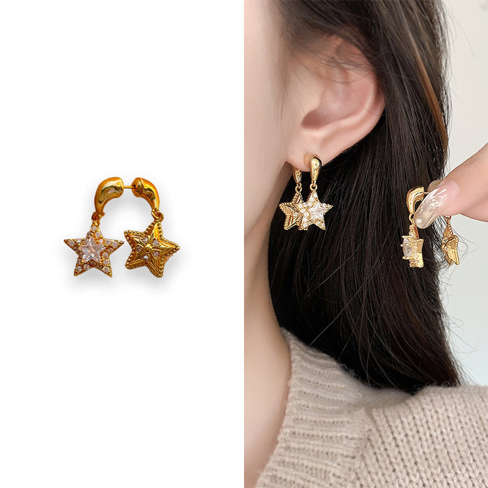 Wholesale Twin Star Sparkling Tassel Gold-Plated Copper Earrings
